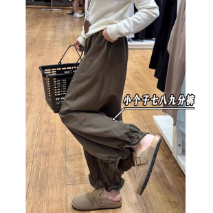 子xxs码 高腰宽松显瘦小个子145八九分梧桐裤 女秋季 咖色花苞休闲裤