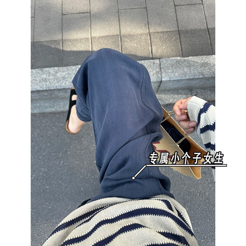 小个子天丝亚麻休闲裤女夏季薄款藏青色高腰垂感棉麻阔腿裤长裤xs