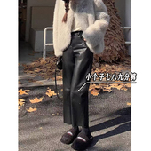 显高休闲小个子搭配八分阔腿裤 145xxs七分直筒黑色pu皮裤 女秋冬季