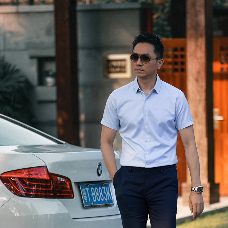 Seno抗皱免烫菱格浅蓝衬衫男短袖商务休闲韩版修身衬衣男