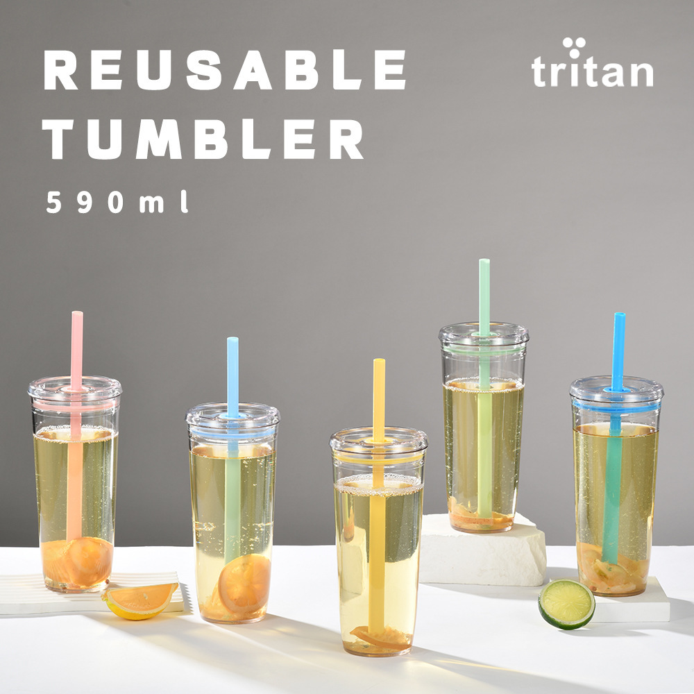 2025新款590ml Tritan吸管杯奶茶杯咖啡杯多色大容量吸管水杯