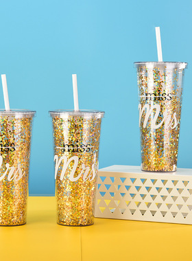 直供新款24oz双层塑料吸管杯简约金葱亮片塑料杯女士婚礼水杯