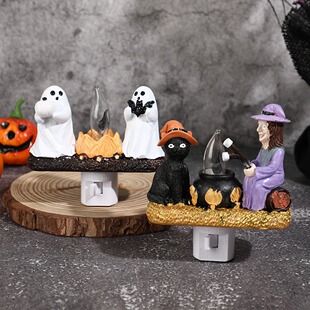 万圣节幽灵女巫小夜灯可爱幽灵篝火闪烁搞怪摆件创意家居装饰夜灯
