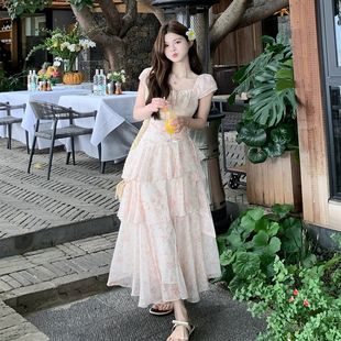 甜美减龄法式 微胖mm显瘦收腰蛋糕裙长裙 方领碎花连衣裙女大码 夏季