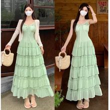 大码法式气质度假风绿色连衣裙女夏季胖妹妹mm收腰显瘦蛋糕长裙子