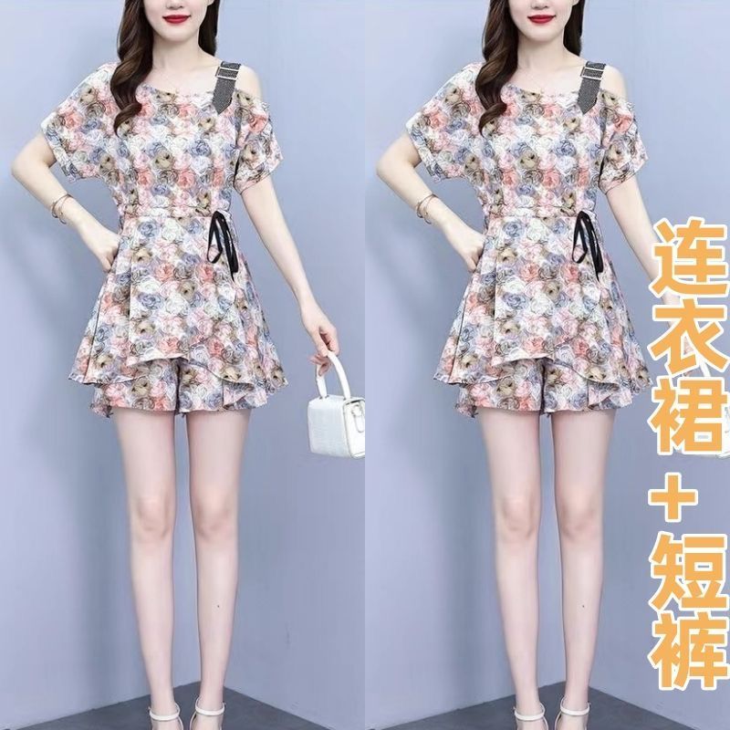 夏季连衣裙短裤套装女2025新款宽松显瘦遮肚子减龄雪纺薄款两件套