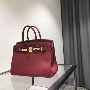 2026新款酒红色铂金包女高级感牛皮女包大容量包真皮新娘结婚包