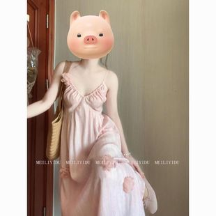 温柔甜美粉色花朵挂脖连衣裙高级感度假风V领气质仙女裙 胖mm大码