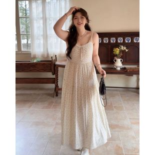 大码 胖mm复古甜美波点吊带连衣裙女夏季 高腰茶歇裙针织开衫 套装