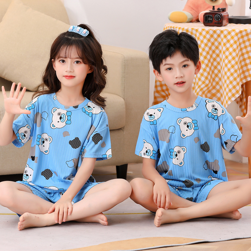 儿童睡衣套装冰丝男童夏季短袖