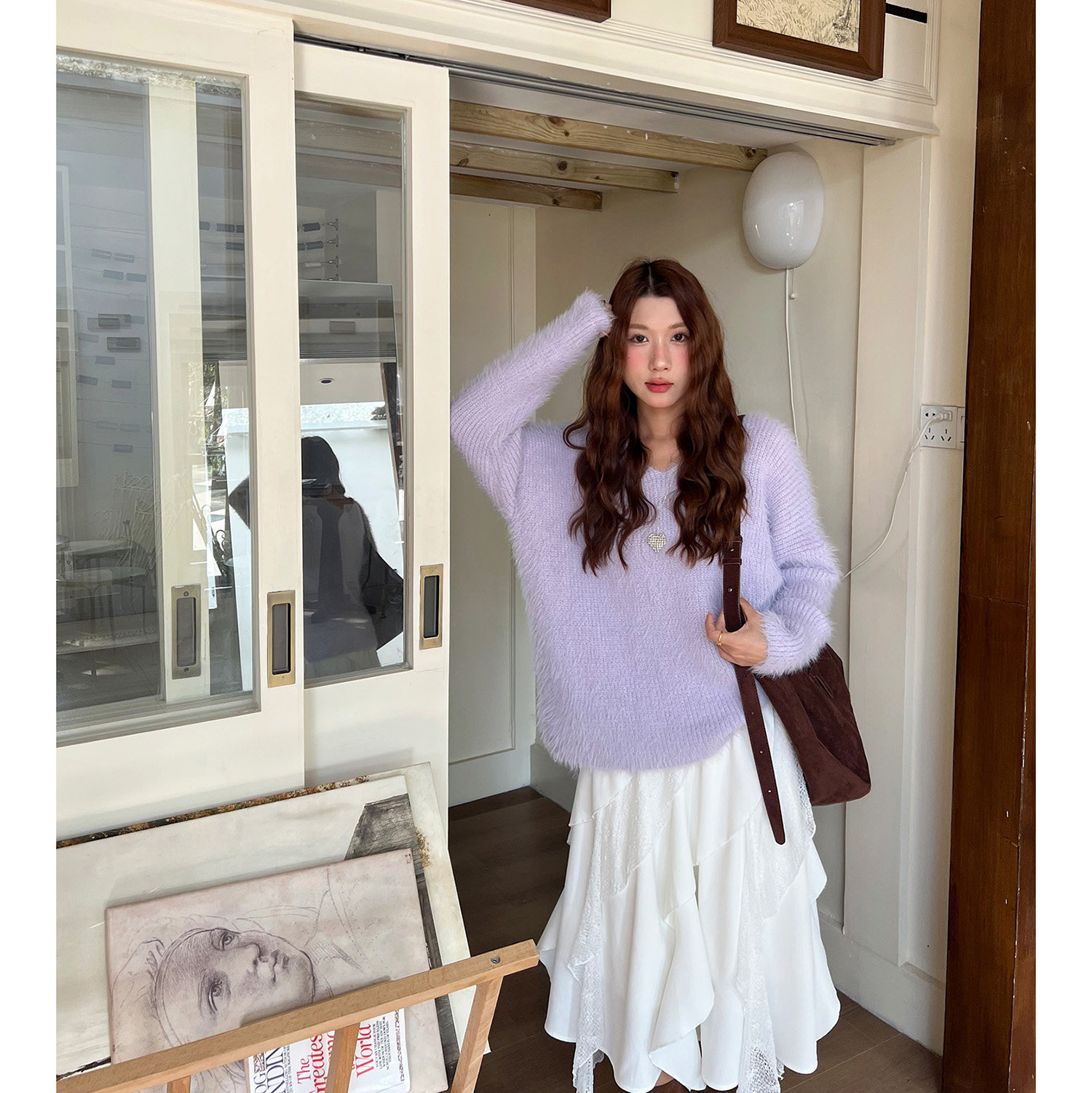 慵懒感韩系仿水貂绒V领紫色毛衣