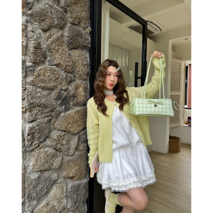 女宽松2026春夏新款 吴宝珠 韩系气质温柔镂空绿色马海毛针织开衫