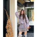 收腰衬衫 连衣裙女秋季 短裙 少女设计感紫色蕾丝花边长袖 法式