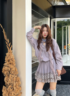 法式少女设计感紫色蕾丝花边长袖连衣裙女秋季收腰衬衫短裙