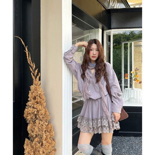 收腰衬衫 连衣裙女秋季 短裙 少女设计感紫色蕾丝花边长袖 法式