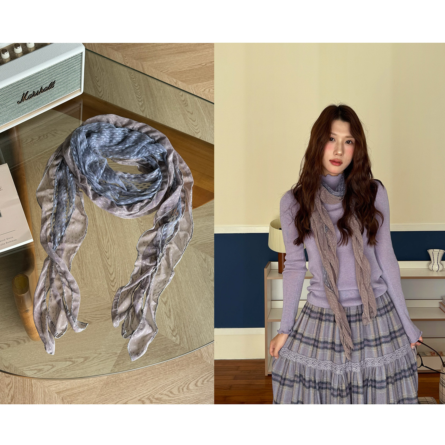 古早氛围蕾丝围脖紫蓝灰波点丝巾