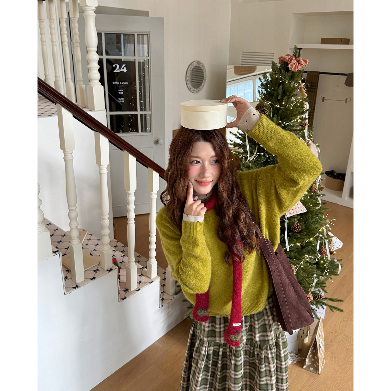 软糯兔绒毛衣韩系复古芥末绿