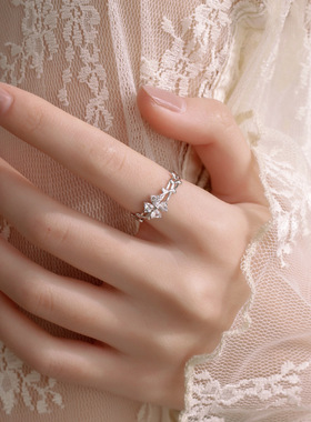 宁宁 幸运花朵爱心食指指环女求婚日韩时尚闪钻四叶草开口戒指