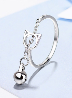 爱心镂空猫咪铃铛流苏日系指环
