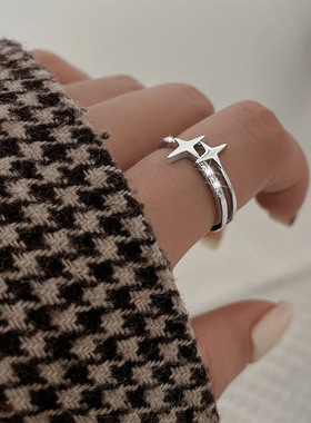 宁宁 双子星开口戒指可调节女嘻哈个性锆石星星食指指环网红ins