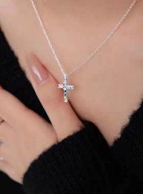 彩钻十字架项链欧美镀金色吊坠颈链甜酷彩色锆石肌理纹锁骨链