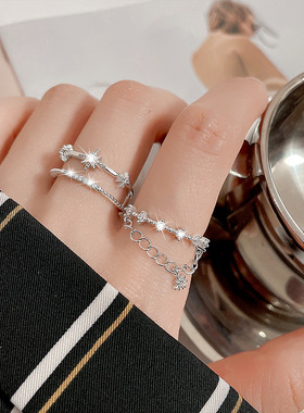 宁宁 小碎钻米字星芒双层食指戒女流苏镂空六芒星链条锆石戒指