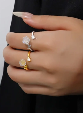 锆石山茶花戒指法式甜美小花开口戒子INS小众炫彩白玫瑰食指指环