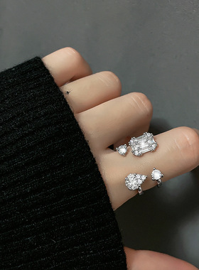 宁宁 个性方钻水滴开口戒指轻奢重工满钻双层关节指环跨境