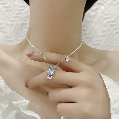 宁宁 嵌镶月光石猫咪项链短款气质甜美喵星人猫爪锁骨链女吊坠