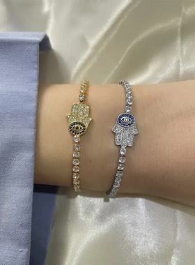 法蒂玛之手恶魔之眼手链个性微镶满钻土耳其蓝眼睛手掌手环潮