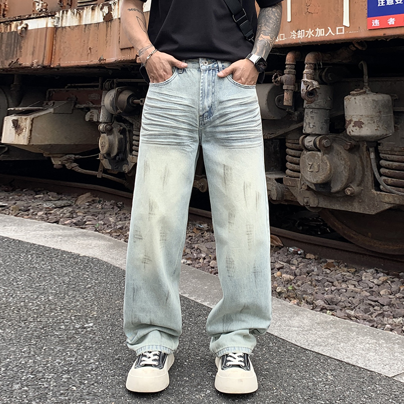 2025年春秋新款美式手绘3D猫须浅色系水洗cleanfit广州新塘牛仔裤