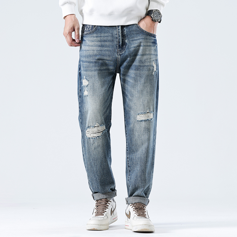 复古破洞牛仔裤男宽松直筒街头潮牌痞帅刮烂做旧时尚个性休闲裤子