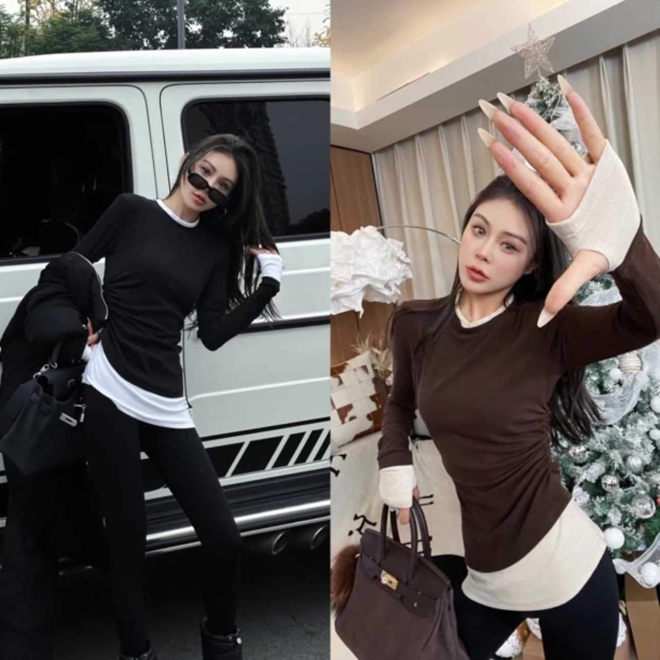 秋冬中长款假两件磨毛长袖T恤女