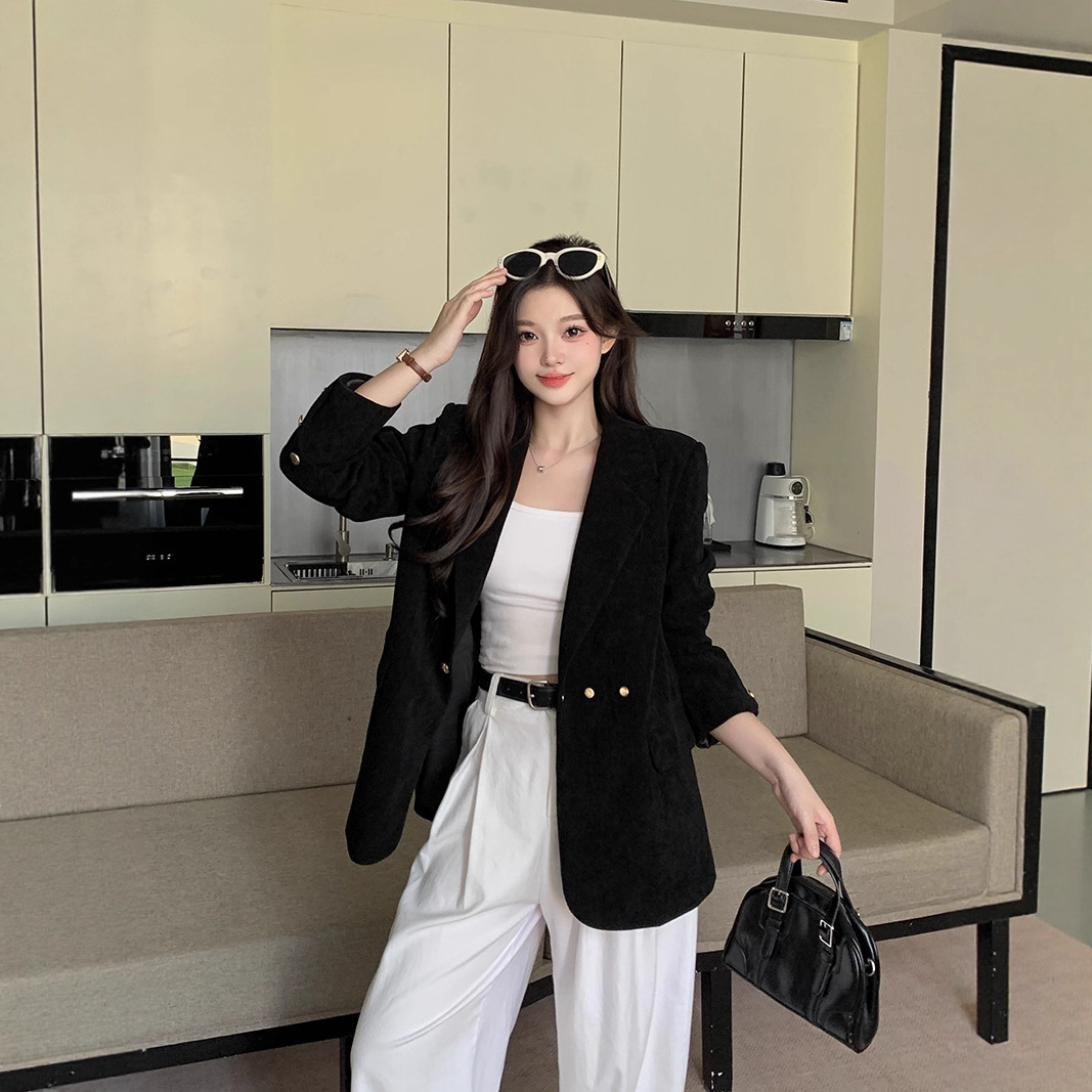 2025秋装新款胖mm大码女优雅休闲修身显瘦灯芯绒西装外套