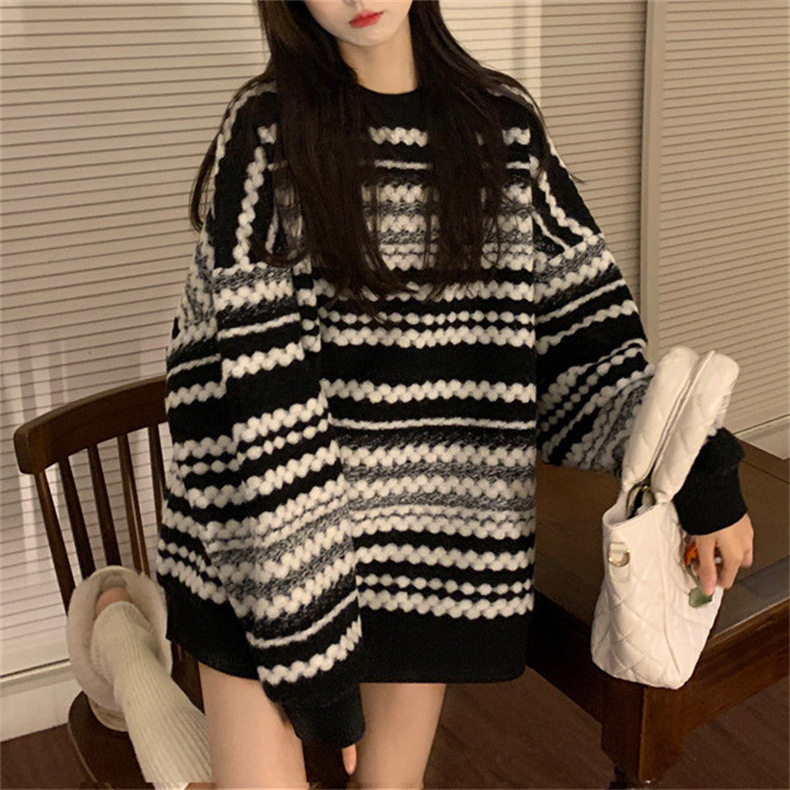 韩系复古条纹慵懒风套头毛衣女