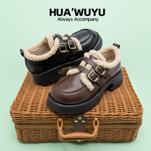 妮走^化雾语舒适圆头秋冬加绒保暖女学生雪地棉靴复古牛皮鞋黑白