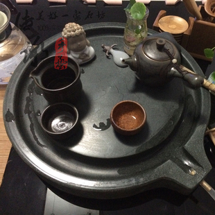 复古天然石磨茶盘青石茶盘老石磨引流式功夫茶盘个性石头磨盘茶台