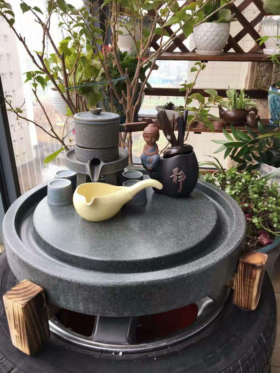 复古石磨茶盘大号天然青石茶盘手工圆形茶盘户外功夫创意茶具茶台