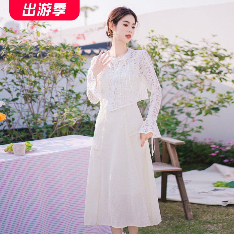 新中式复古国风日常通勤连衣裙高级感超仙花边衬衫吊带裙两件套夏