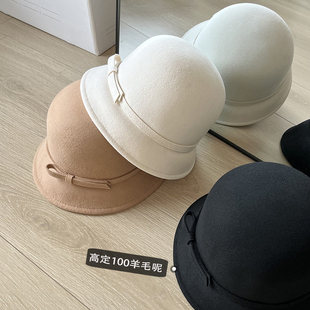 渔夫帽子女网英伦蝴蝶结红韩版百搭显脸小修羊毛呢保暖复古礼盆帽