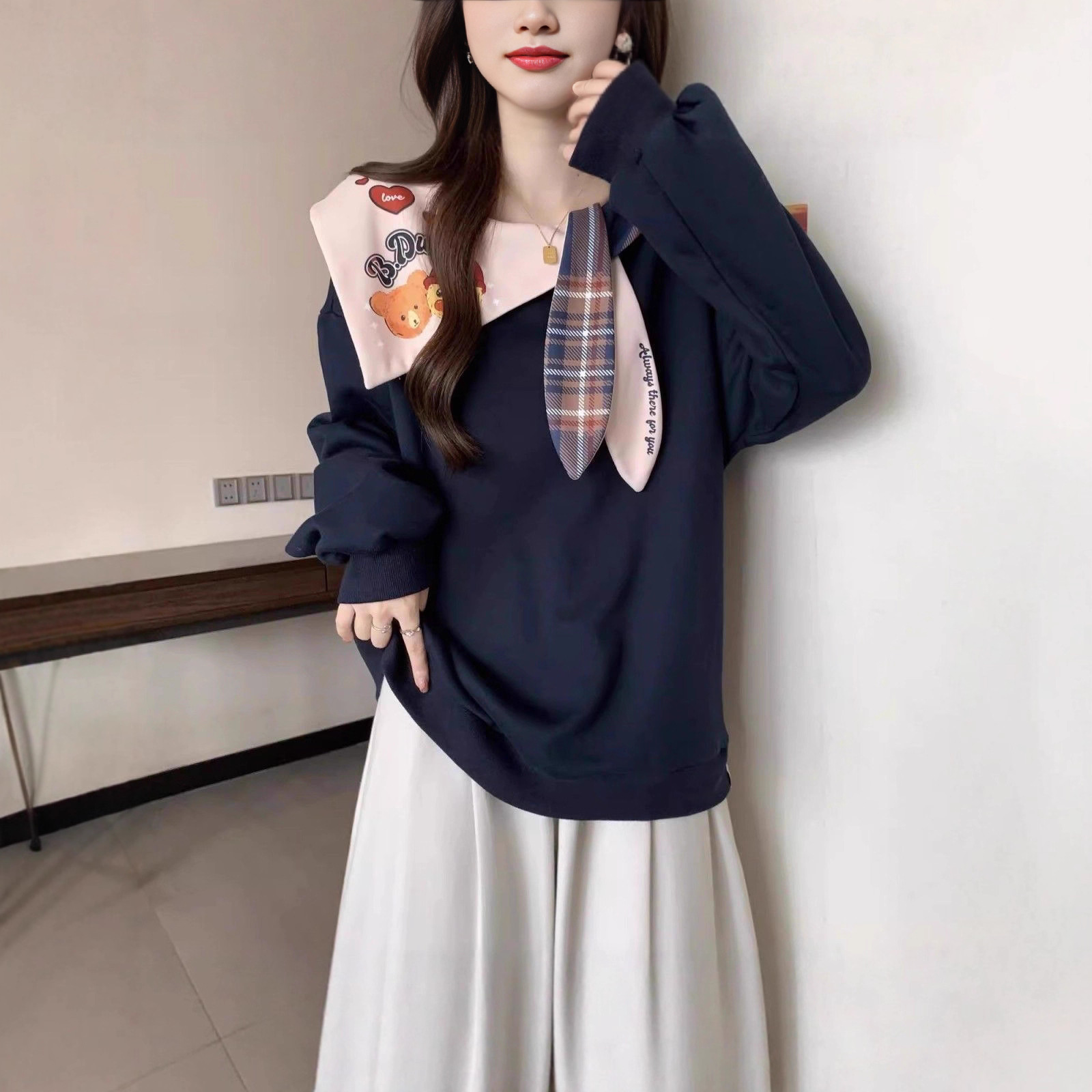 大码学院可爱风长袖卫衣2025春秋胖MM韩系海军领宽松减龄百搭上衣