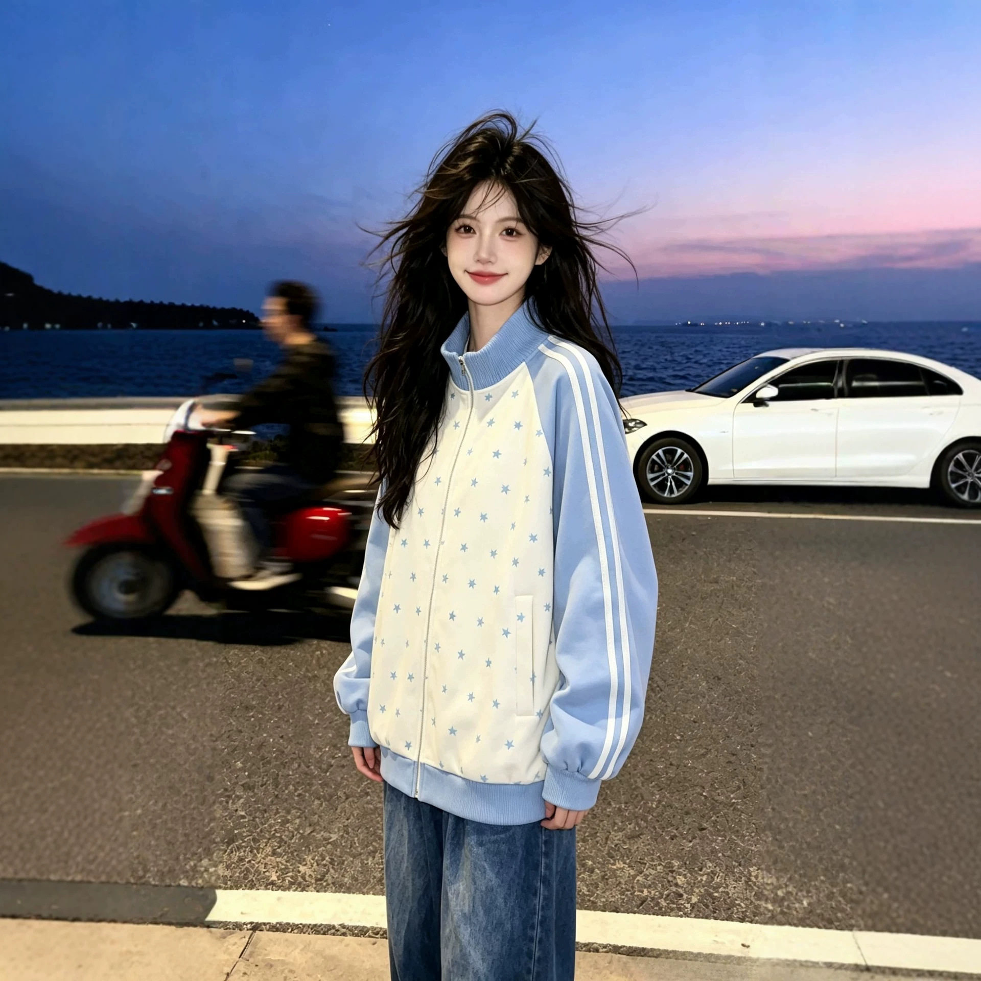 潮流美式条纹星星卫衣外套春秋新款女拼色宽松休闲风立领夹克外套