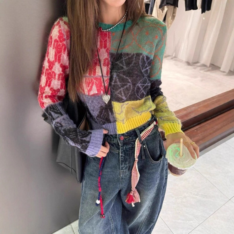 设计感彩绘撞色拼接长袖针织衫女款2025早秋宽松显瘦短款毛衣上衣
