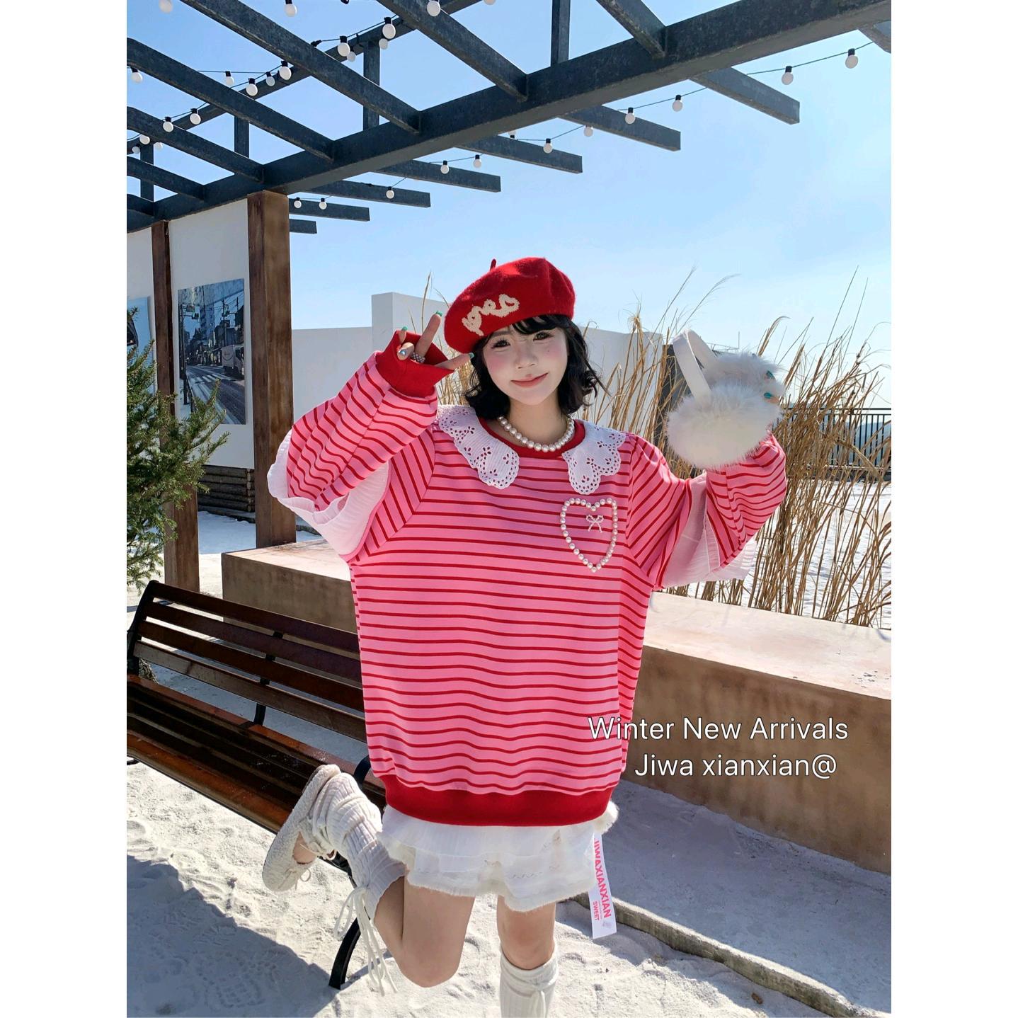 吉娃韩国东大门冬甜美宽松拼接蕾丝娃娃啦条纹加绒卫衣上衣50003