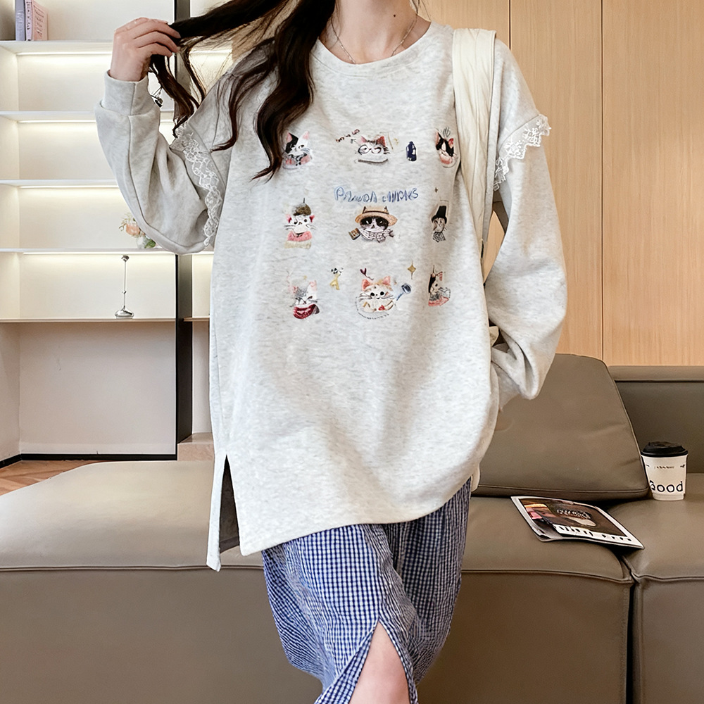 日系刺绣小猫头像宽松休闲洋气百搭卫衣女2025底边两侧开叉上衣潮