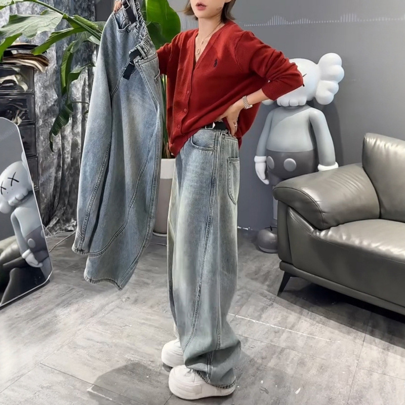 大码高腰弯刀牛仔裤女2025新款春秋季阔腿裤胖mm显瘦宽松直筒裤子