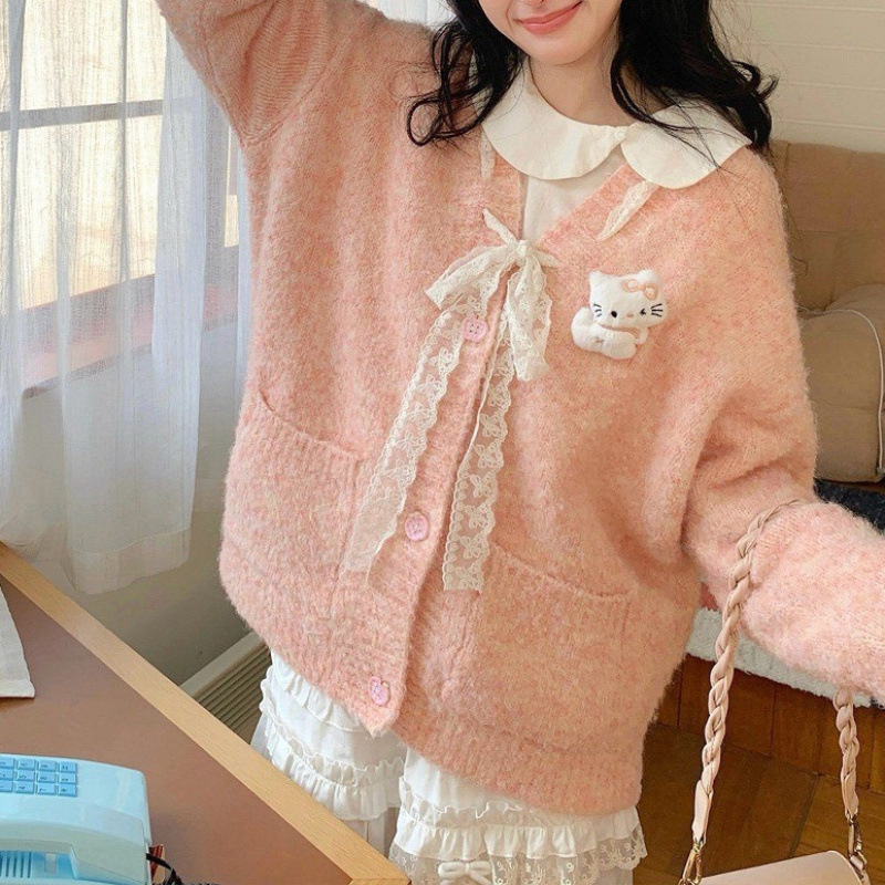 秋冬新款小个子娃娃v领针织开衫糖果色软糯学院风粉色毛衣女外套