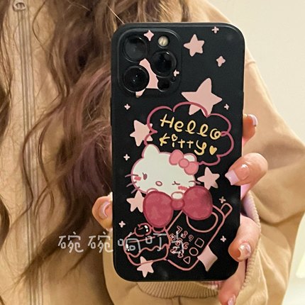 碗碗响叮当^黑粉hellokitty凯蒂猫黑边防摔耐脏情侣透明轻薄可爱卡通磨砂全包手机软壳适用于苹果17华为