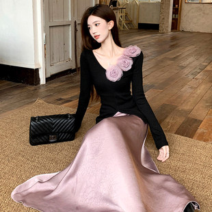 女 高腰半身裙千金风温柔风两件套装 法式 绝美立体玫瑰花V领针织衫