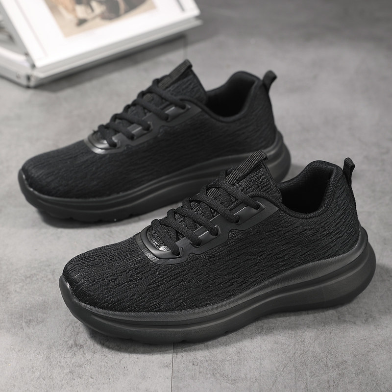 全黑男鞋跑步鞋春季黑色网面透气休闲减震耐磨跑鞋轻便软底运动鞋